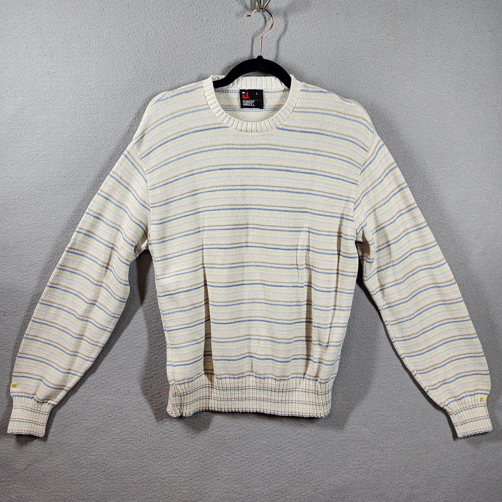 Vintage Robert Bruce Sweater Mens Large Cream Pastel Striped Crewneck Pullovert‎